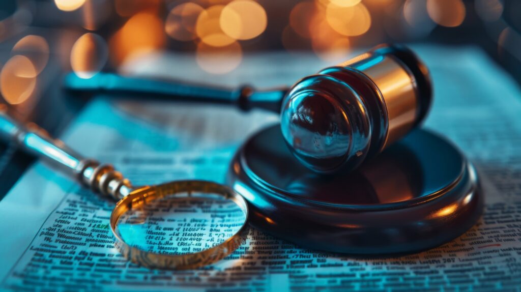 A close-up of a gavel and magnifying glass on an open legal document with abstract lighting.